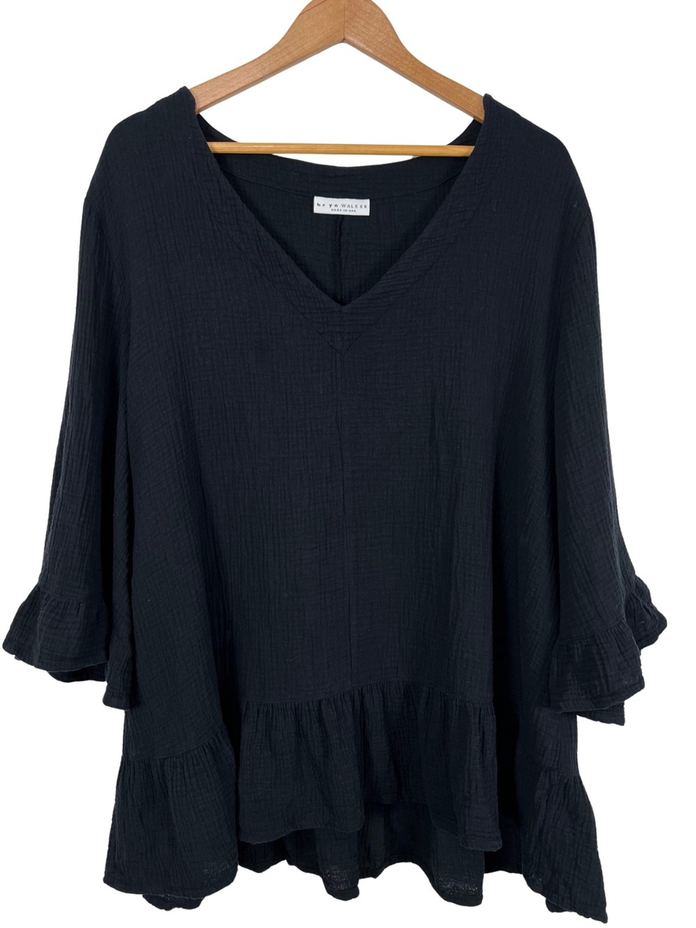 Bryn Walker Cotton Gauze Black Oversized Lagenlook Top Size Large Ruffled